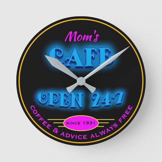 Horloge Ronde Restaurant ouvert 24h/24 Faux Retro Blue Neon - (Recto)