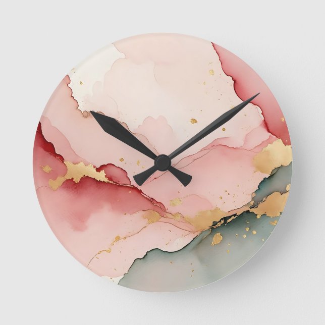 Horloge Ronde Résumé abstrait rose sarcelle or (Recto)