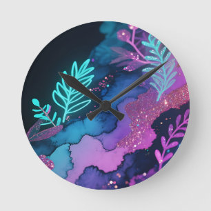 Horloge Ronde Résumé botanique abstrait à paillettes néon