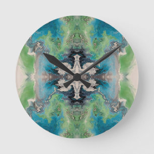 Horloge Ronde Résumé fluide abstrait artistique en aqua et vert