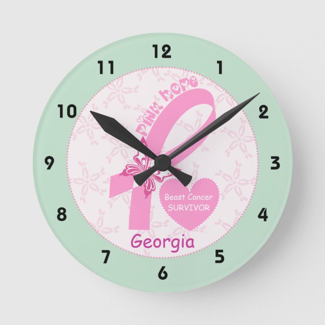 Horloge Ronde Résurvivant du cancer du sein rose au ruban, front (Recto)