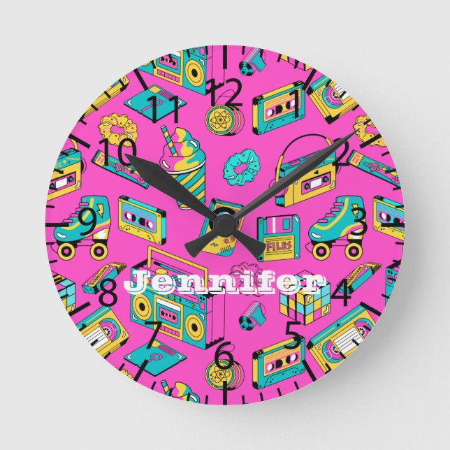 Horloge Ronde Retro 1980 Neon Pink Turquoise Motif Pop Art Music (Recto)