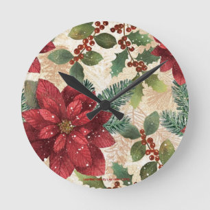 Horloge Ronde Rétro 50 Poinsettia Rouge Vert Crème