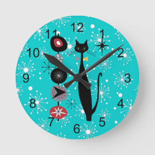 Horloge Ronde Retro Atomique Moyen Siècle moderne Kitty Chat