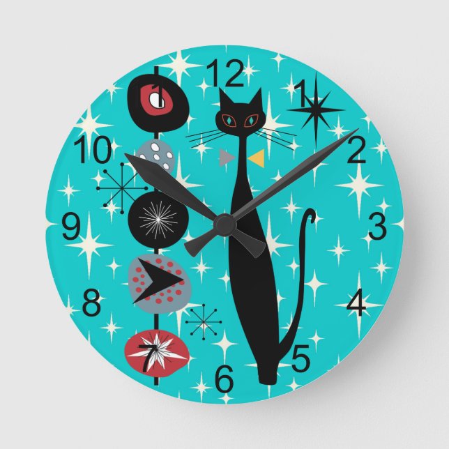 Horloge Ronde Retro Atomique Moyen Siècle Moderne MCM Cool Chat  (Recto)