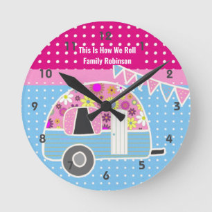Horloge Ronde Rétro Camper Van Pink Blue Shabby Chic Polkadot