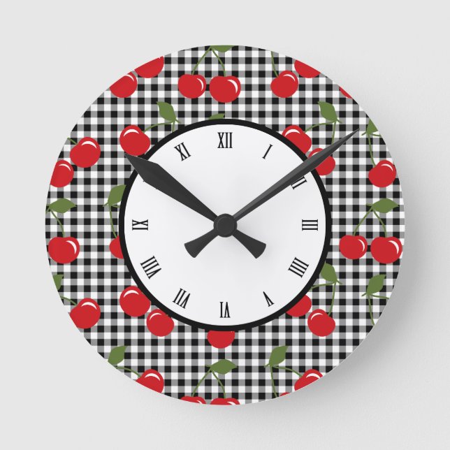 Horloge Ronde Rétro Cherry Gingham (Recto)