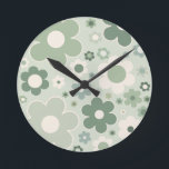 Horloge Ronde Retro Flowers Sage Green Abstract Floral<br><div class="desc">Retro flowers: floral art – sage green flower pattern.</div>