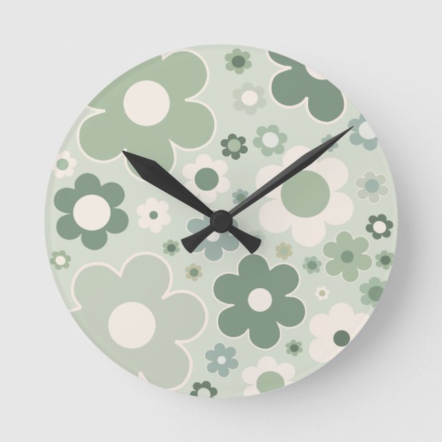 Horloge Ronde Retro Flowers Sage Green Abstract Floral (Recto)