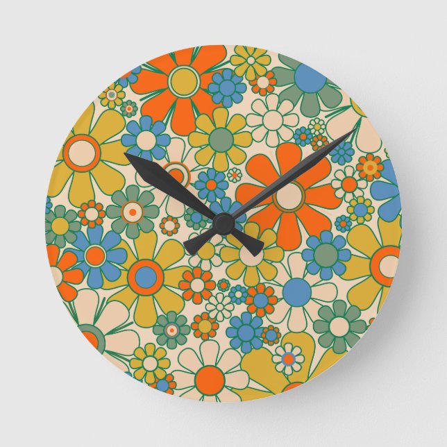 Horloge Ronde Retro Garden Floral Joyeux 60s les années 70 Motif (Recto)