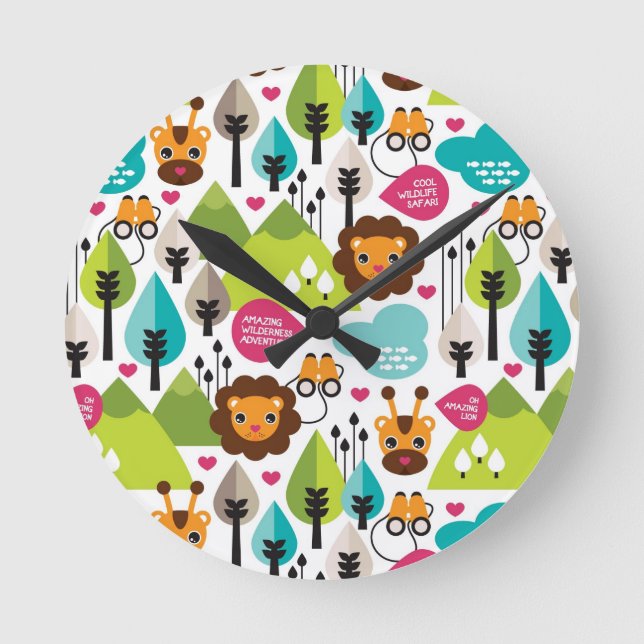 Horloge Ronde retro kids safari lion faune (Recto)