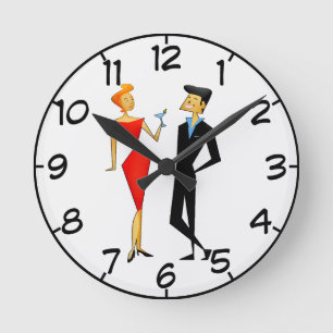 Horloge Ronde Retro les années 50 Couple Cocktail Party Red Bla