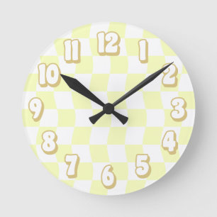 Horloge Ronde Retro Pastel Jaune Blanc Verre Checkerboard