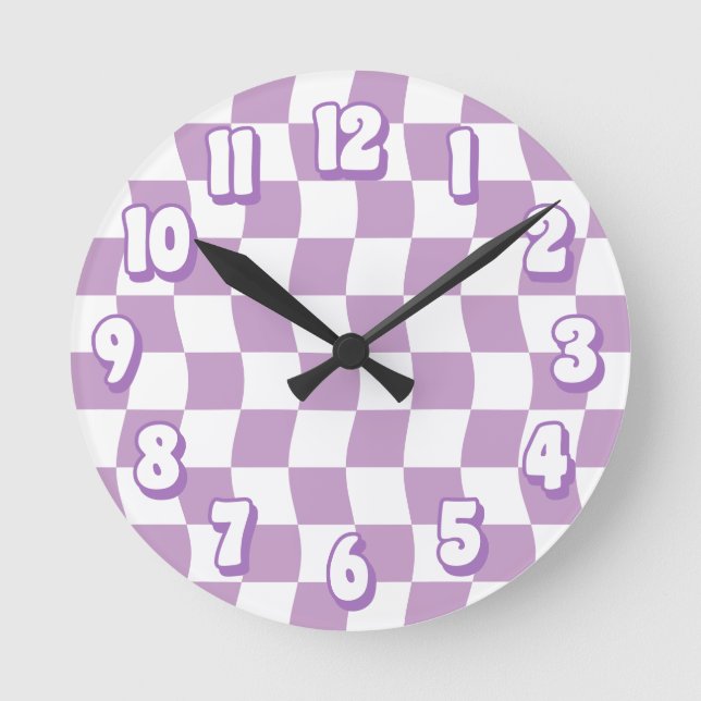 Horloge Ronde Retro Pastel violet blanc Wavy Checkerboard (Recto)