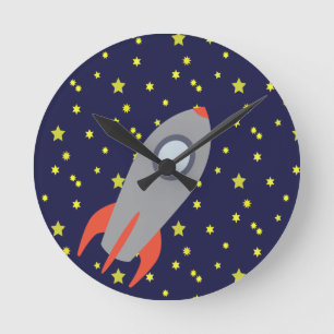 Horloge Ronde Retro Rocket Ship avec Arrière - plan Motif étoile