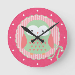 Horloge Ronde Rétro rose mignon de hibou et Girly vert