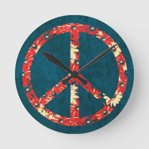 Horloge Ronde Rétro signe de paix de la hippie 60s
