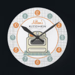Horloge Ronde Rétro Stove Personalized Kitchen Clock<br><div class="desc">A clock featuring an illustration of a retro beige kitchen stove.  Personalize with your name about illustration.  Clock feobjets white numbers on orange and blue dots.</div>