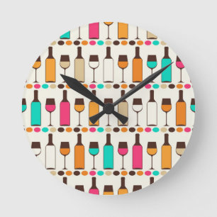 Horloge Ronde Rétros bouteilles et verres de vin