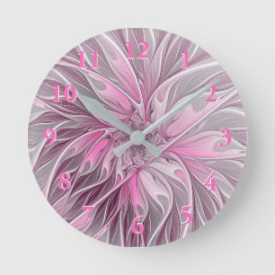 Horloge Ronde Rêve de fleur rose fractale, Motif Imaginaire flor
