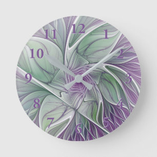 Horloge Ronde Rêve de fleurs, Abstrait violet vert Fractal Art