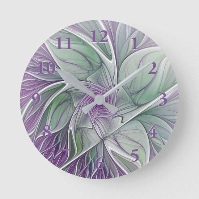Horloge Ronde Rêve de fleurs, Abstrait violet vert Fractal Art (Recto)