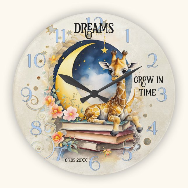 Horloge Ronde Rêve de girafe à l'aquarelle mignon (Wall clock showing a watercolor night time illustration of a giraffe on books with a moon and stars)