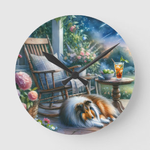 Horloge Ronde Rêve de Sheltie sur la véranda du jardin étoilé