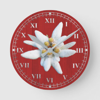 Horloge Ronde Revêtement en bois rouge avec fleur d'Edelweiss bl