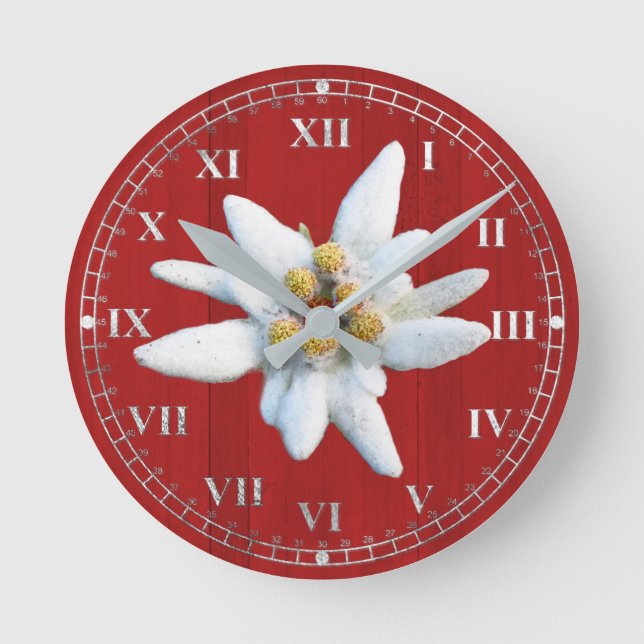Horloge Ronde Revêtement en bois rouge avec fleur d'Edelweiss bl (Recto)