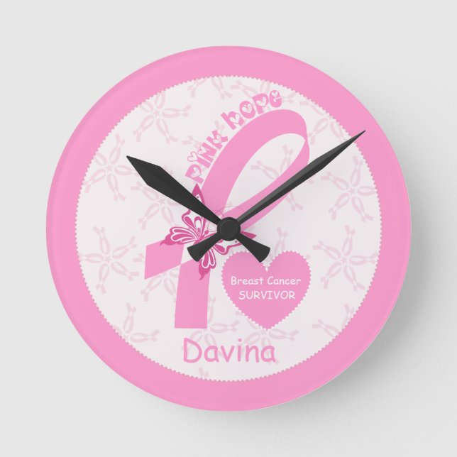 Horloge Ronde Ribbon rose Survivant du cancer du sein et frontiè (Recto)