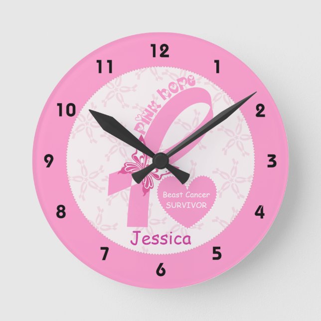 Horloge Ronde Ribbon rose Survivant du cancer du sein et frontiè (Recto)