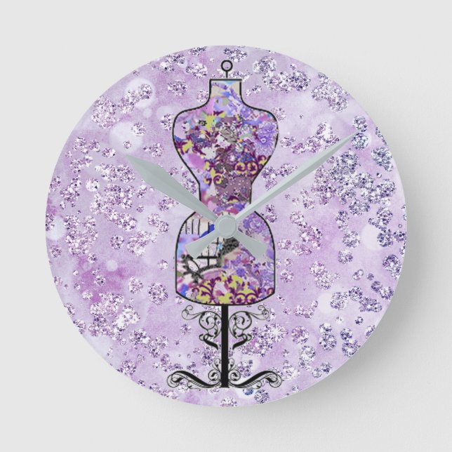 Horloge Ronde Robe Florale Violet Forme Bokeh Bling (Recto)