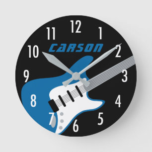 Horloge Ronde Rockstar Blue et Black Guitare Monogramme Nom Enfa