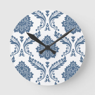 Horloge Ronde Rococo Damask Grand Motif Bleu sur Blanc