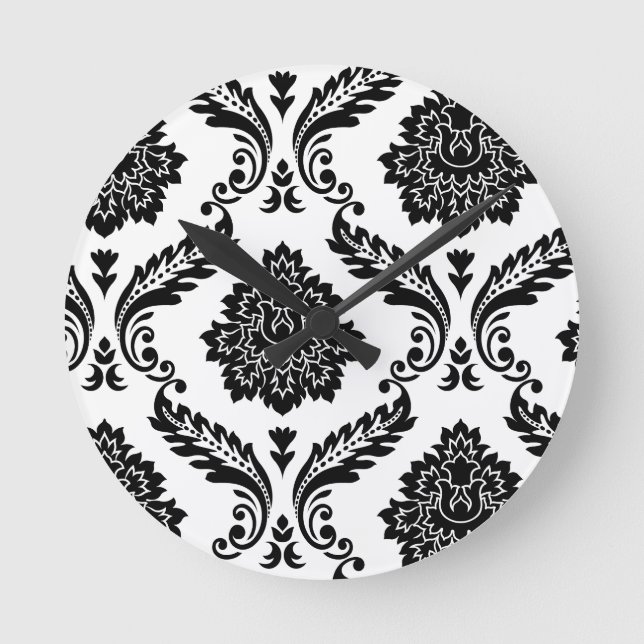 Horloge Ronde Rococo Damask Off-Set Pattern Black on White (Recto)