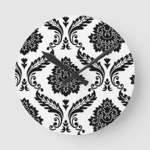Horloge Ronde Rococo Damassé Motif Décalé Noir sur Blanc