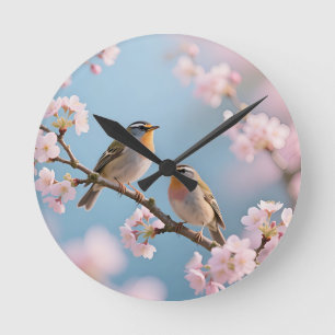 Horloge Ronde Roitelet doré Cerisier en fleurs Printemps
