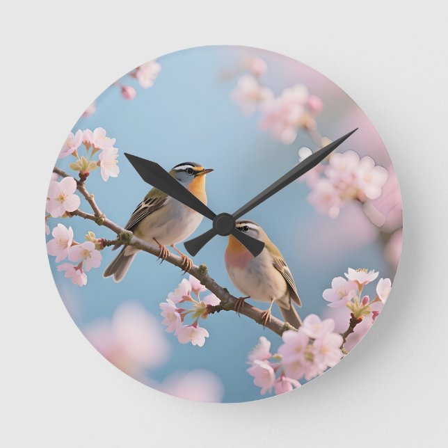 Horloge Ronde Roitelet doré Cerisier en fleurs Printemps (Recto)