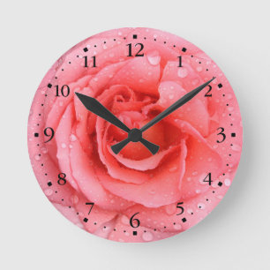 Horloge Ronde Romantique Rose rose rouge gouttes d'eau