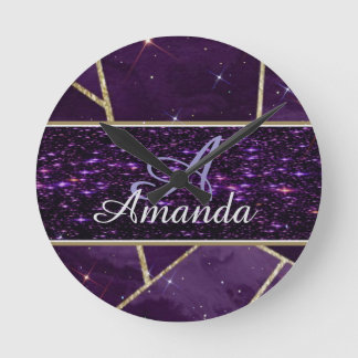 Horloge Ronde rond pailleté violet doré à l'horloge