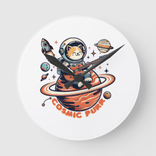 Horloge Ronde Ronron cosmique - Chat guitariste astro