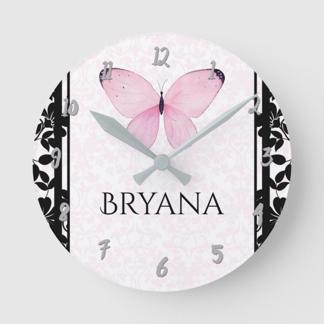 Horloge Ronde Room Personnalized Pink & Black Butterfly (Recto)