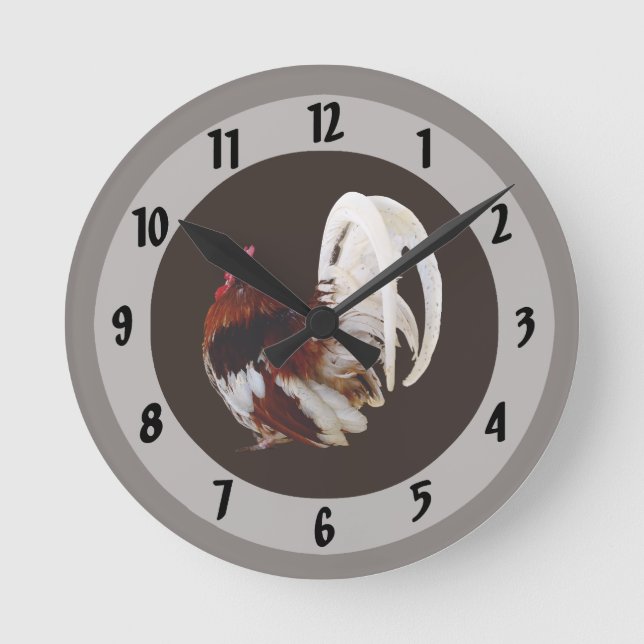 Horloge Ronde Rooster Rouge Avec Plumes De Queue Blanche (Recto)