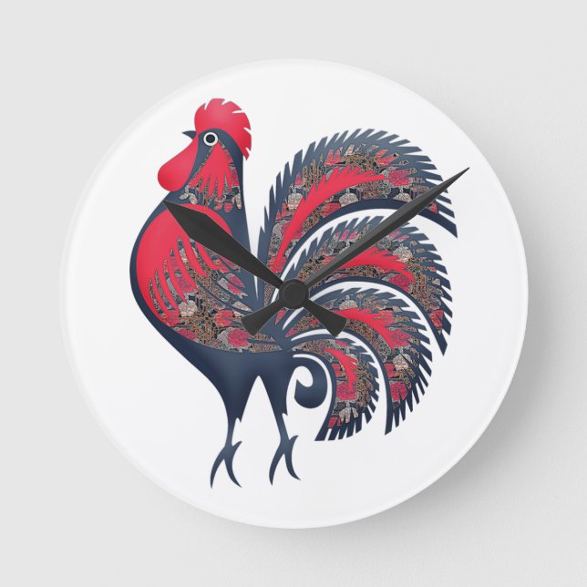 Horloge Ronde Rooster rouge stylisé - animaux de ferme. Bois Ar (Recto)