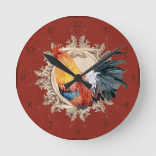 Horloge Ronde Rooster Vintage Rouge Pays Français Rustique Grang