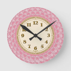 Horloge Ronde Rose, blanc et motif de dentelle d'or