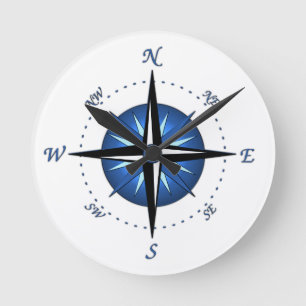 Horloge Ronde Rose de boussole bleu