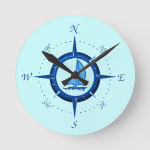 Horloge Ronde Rose de voilier et de boussole