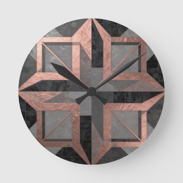 Horloge Ronde Rose Gold Black Geometric Marble (Recto)